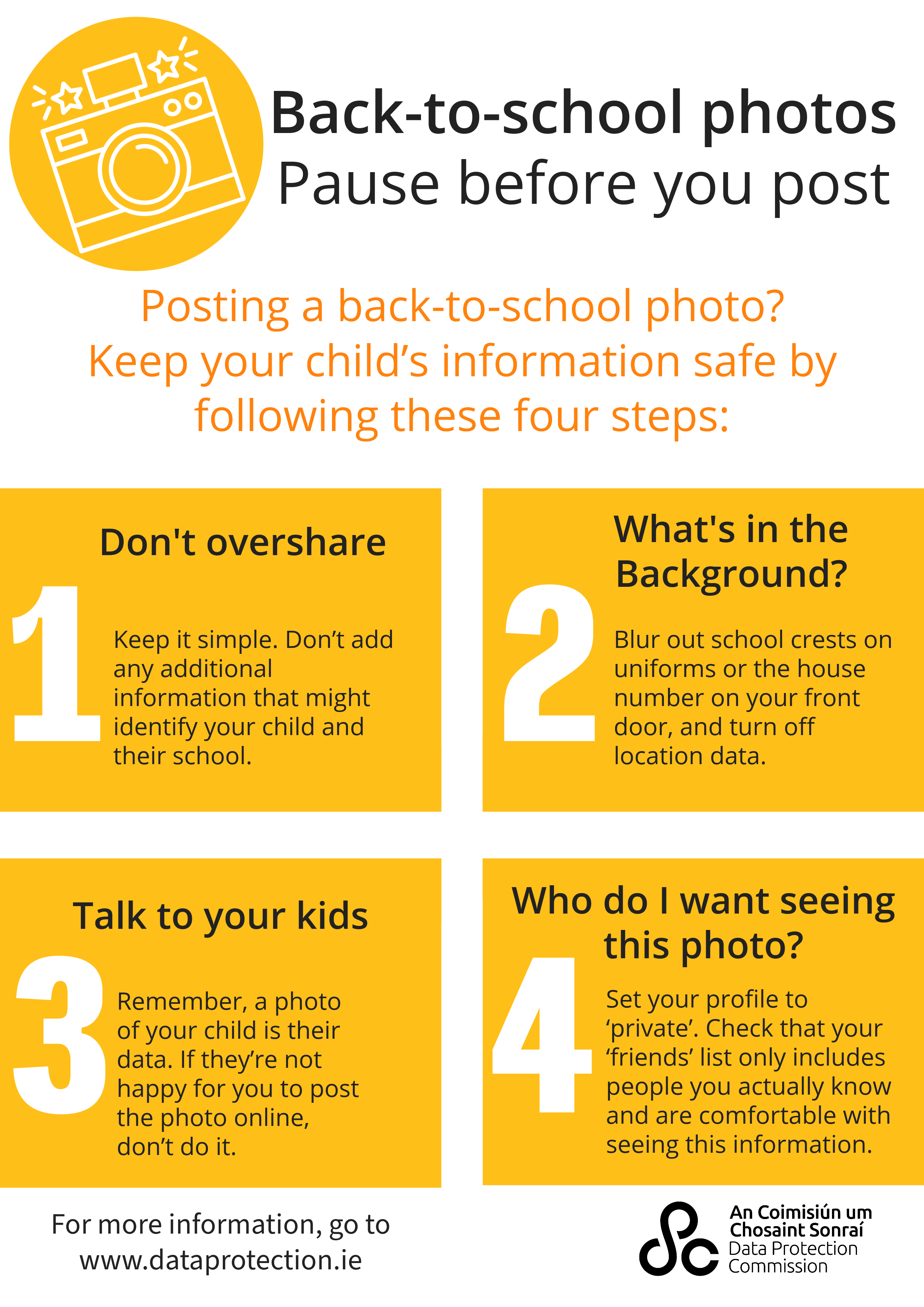 infographic with a graphic of a camera on the top left corner with the heading 'Back-to-school photos. Pause before you post'. Underneath this is the words, 'posting a back-to-school photo? Keep your child's information safe by following these four steps:' Below this are four steps. 1 - don't overshare. Keep it simple. Don't add any additional information that might identify your child and their school. Step 2, What's in the background? Blur out school crests on uniforms or the house number on your front door, and turn off location data? Step 3, Talk to your kids. Remember, a photo of your child is their data. If they're not happy for you to post the photo online, don't do it. Step 4, who do I want seeing this photo? Set your profile to 'private'. Check that your 'friends' list only includes people you actually know and are comfortable with seeing this information. At the bottom, it says 'for more information, go to www.dataprotection.ie and the DPC logo.