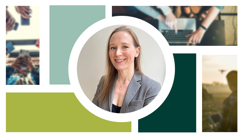 A collage of pictures depicting technology and data uses, with a woman in the centre image. She is wearing a light grey suit and has long blonde hair.