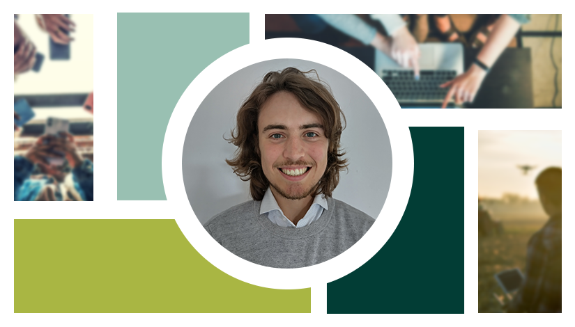 A collage of pictures depicting technology and data uses, with a man in the centre image. He is wearing a light grey jumper over a white shirt and has shoulder length light-brown hair.