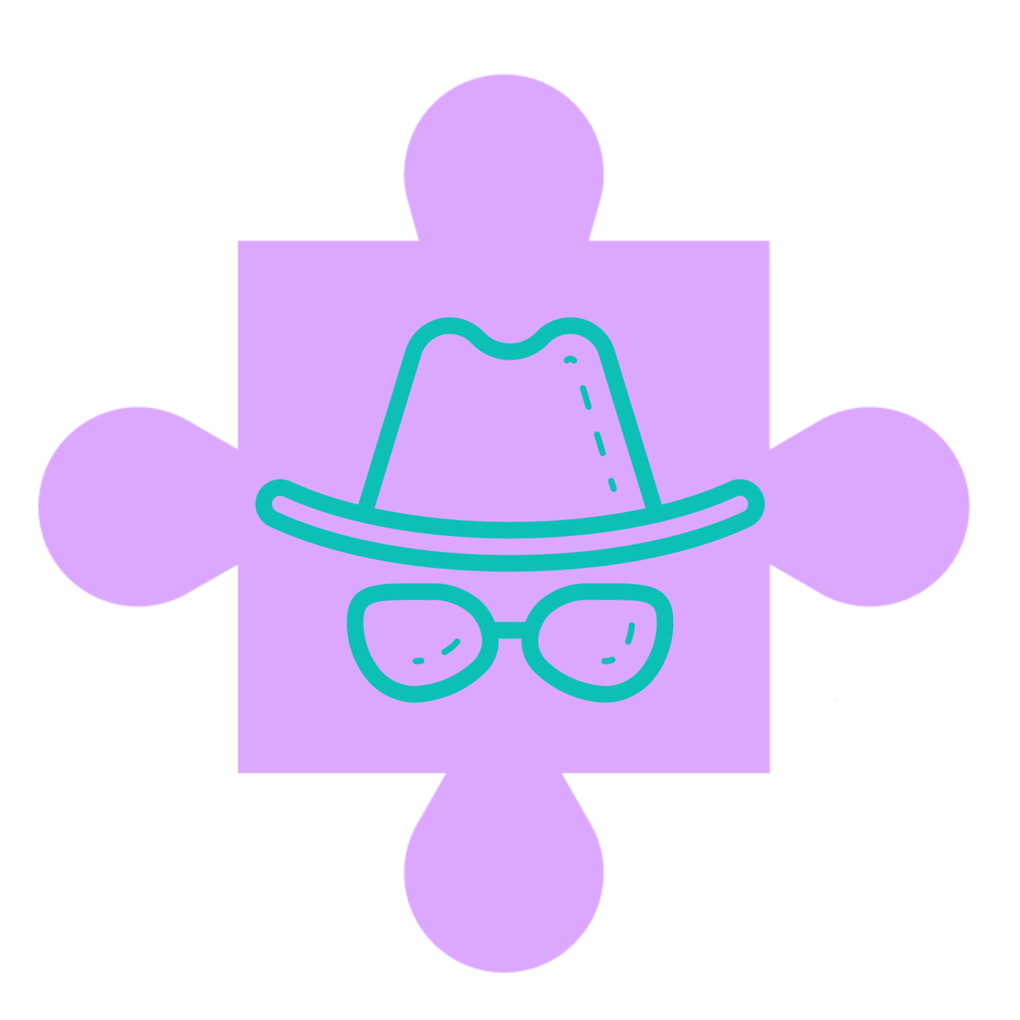 This image shows a puzzle piece with the icon of a hat and glasses